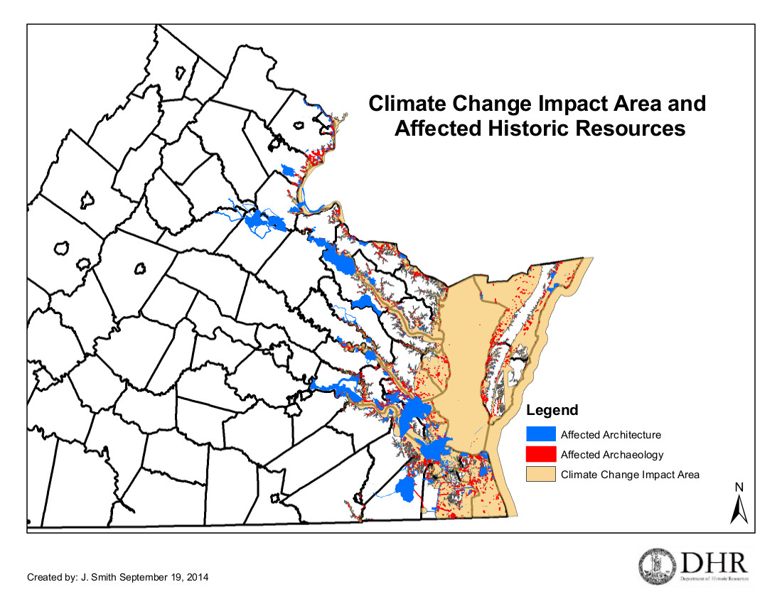 Climate Change Impact Area, covering the Chesapeake Bay and the Atlantic Coast, and showing architectural and archaeological resources.