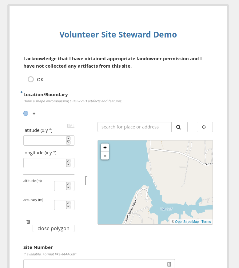 Screenshot of a demo data collection form, including maping and user-reporting of observations