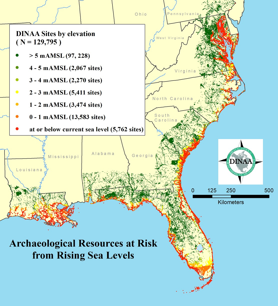 “Site incidence as it relates to potential loss from sea-level rise, grouped by elevation in meters above present mean sea level.” from Anderson et al. 2017